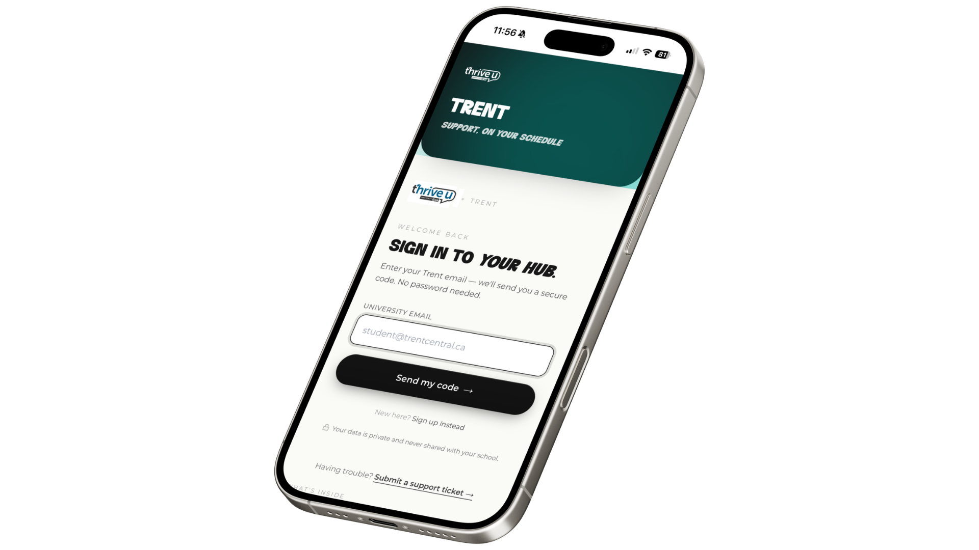 ThriveU mobile app surrounded by support icons